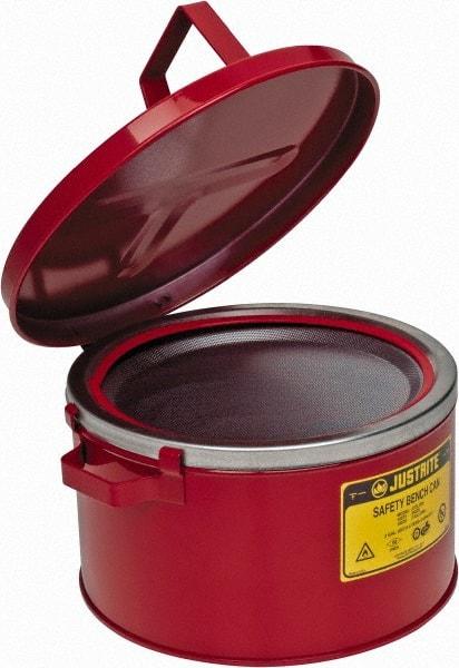 Justrite - 2 Gallon Capacity, Coated Steel, Red Bench Can - 5-7/8 Inch High x 11-1/2 Inch Diameter, 9-3/4 Inch Dasher Diameter - Exact Industrial Supply