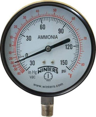 Winters - 4" Dial, 1/4 Thread, 30-0-150 Scale Range, Pressure Gauge - Lower Connection Mount, Accurate to 3-2-3% of Scale - Exact Industrial Supply