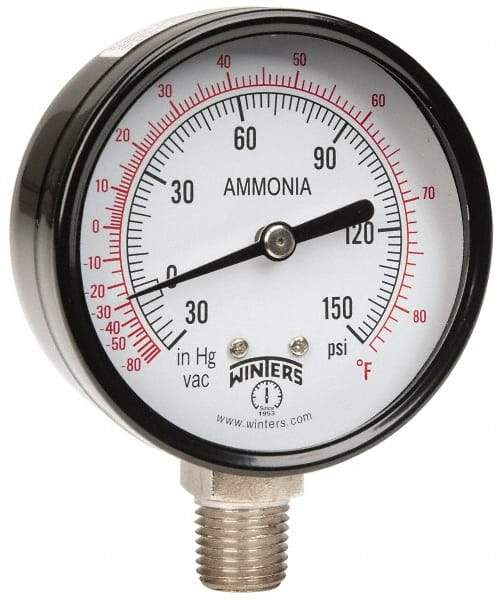 Winters - 2-1/2" Dial, 1/4 Thread, 30-0-150 Scale Range, Pressure Gauge - Lower Connection Mount, Accurate to 3-2-3% of Scale - Exact Industrial Supply