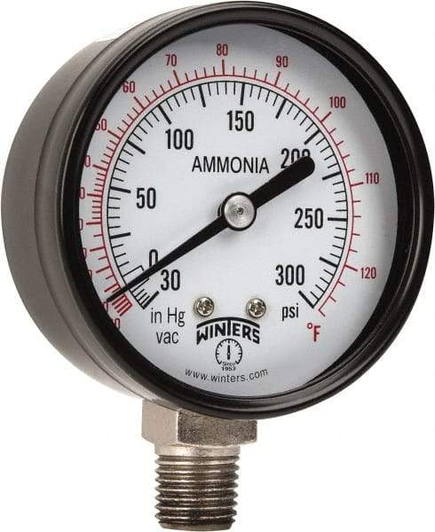 Winters - 2-1/2" Dial, 1/4 Thread, 30-0-300 Scale Range, Pressure Gauge - Lower Connection Mount, Accurate to 3-2-3% of Scale - Exact Industrial Supply