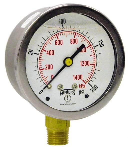 Winters - 2-1/2" Dial, 1/4 Thread, 0-1,000 Scale Range, Pressure Gauge - Lower Connection Mount, Accurate to 1.5% of Scale - Exact Industrial Supply