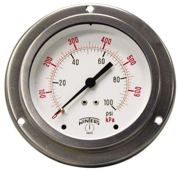 Winters - 2-1/2" Dial, 1/4 Thread, 0-30 Scale Range, Pressure Gauge - Front Flange Panel Mount, Center Back Connection Mount, Accurate to 1.5% of Scale - Exact Industrial Supply