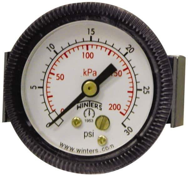 Winters - 2" Dial, 1/8 Thread, 0-30 Scale Range, Pressure Gauge - U-Clamp Panel Mount, Center Back Connection Mount, Accurate to 2.5% of Scale - Exact Industrial Supply