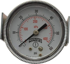 Winters - 2" Dial, 1/8 Thread, 0-60 Scale Range, Pressure Gauge - U-Clamp Panel Mount, Center Back Connection Mount, Accurate to 2.5% of Scale - Exact Industrial Supply