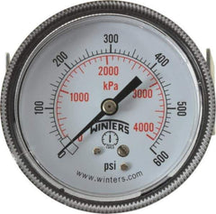 Winters - 2-1/2" Dial, 1/4 Thread, 0-600 Scale Range, Pressure Gauge - U-Clamp Panel Mount, Center Back Connection Mount, Accurate to 2.5% of Scale - Exact Industrial Supply