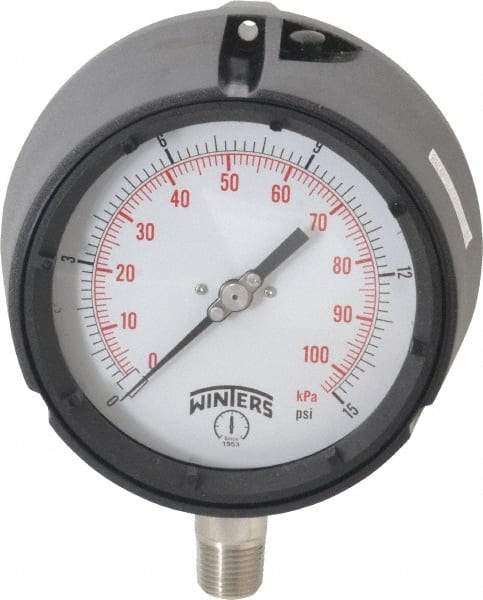 Winters - 4-1/2" Dial, 1/2 Thread, 0-15 Scale Range, Pressure Gauge - Lower Connection Mount, Accurate to 0.5% of Scale - Exact Industrial Supply