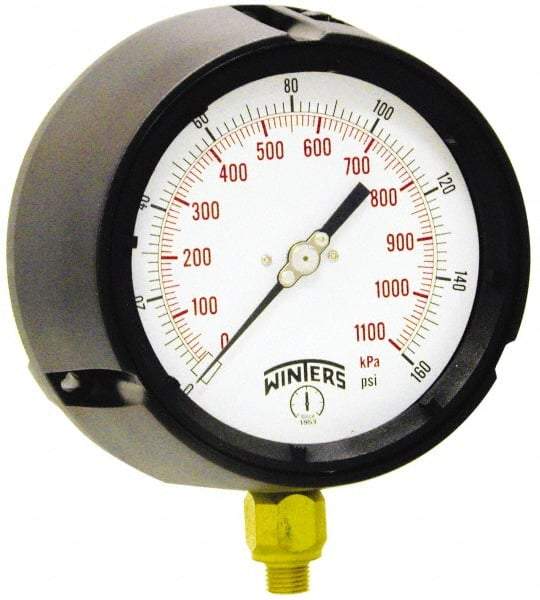 Winters - 4-1/2" Dial, 1/4 Thread, 0-160 Scale Range, Pressure Gauge - Lower Connection Mount, Accurate to 0.5% of Scale - Exact Industrial Supply