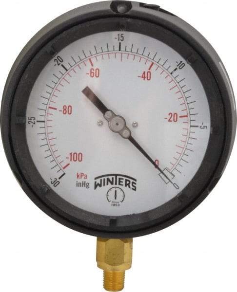 Winters - 4-1/2" Dial, 1/4 Thread, 30-0 Scale Range, Pressure Gauge - Lower Connection Mount, Accurate to 0.5% of Scale - Exact Industrial Supply