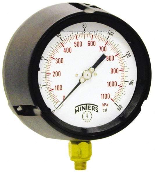 Winters - 4-1/2" Dial, 1/2 Thread, 0-1,000 Scale Range, Pressure Gauge - Lower Connection Mount, Accurate to 0.5% of Scale - Exact Industrial Supply