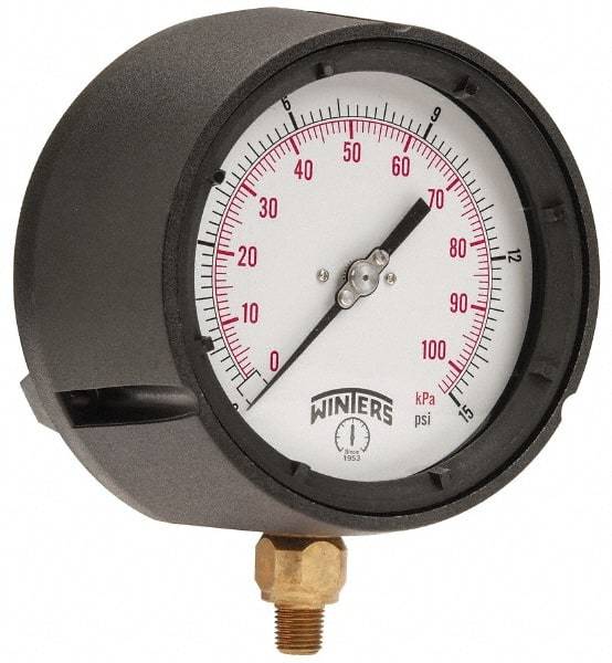 Winters - 4-1/2" Dial, 1/4 Thread, 0-15 Scale Range, Pressure Gauge - Lower Connection Mount, Accurate to 0.5% of Scale - Exact Industrial Supply