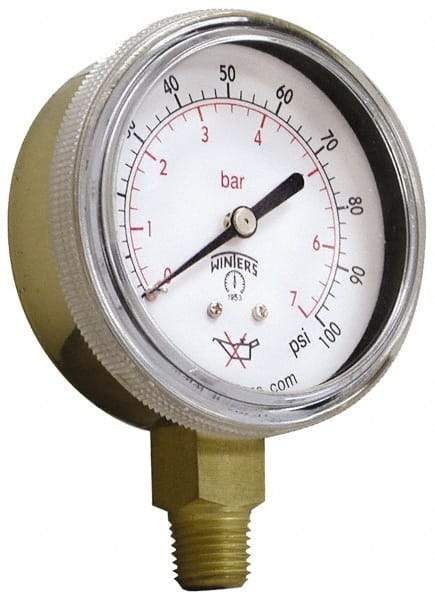 Winters - 1/4 Inch NPT, 75 Max psi, Brass Case Cylinder Pressure Gauge - 2-1/2 Inch Dial Diameter, 0 to 100 psi Display Range - Exact Industrial Supply