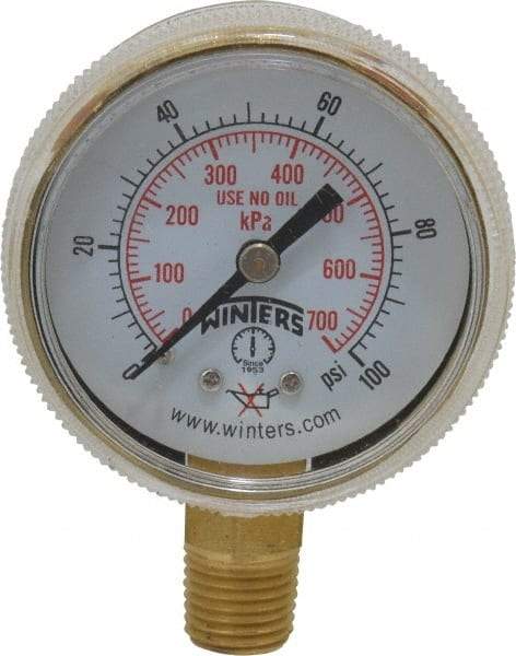 Winters - 1/4 Inch NPT, 75 Max psi, Brass Case Cylinder Pressure Gauge - 2 Inch Dial Diameter, 0 to 100 psi Display Range - Exact Industrial Supply