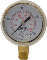 Winters - 1/4 Inch NPT, 150 Max psi, Brass Case Cylinder Pressure Gauge - 2 Inch Dial Diameter, 0 to 200 psi Display Range - Exact Industrial Supply