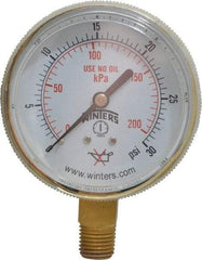 Winters - 1/4 Inch NPT, 22.5 Max psi, Brass Case Cylinder Pressure Gauge - 2-1/2 Inch Dial Diameter, 0 to 30 psi Display Range - Exact Industrial Supply