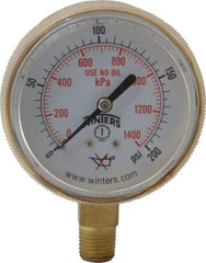 Winters - 1/4 Inch NPT, 150 Max psi, Brass Case Cylinder Pressure Gauge - 2-1/2 Inch Dial Diameter, 0 to 200 psi Display Range - Exact Industrial Supply