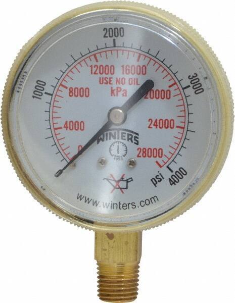 Winters - 1/4 Inch NPT, 3,000 Max psi, Brass Case Cylinder Pressure Gauge - 2-1/2 Inch Dial Diameter, 0 to 4000 psi Display Range - Exact Industrial Supply