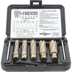 Hougen - 8 Piece, 9/16 to 1-1/16" Cutter Diam, 2" Cutting Depth, Carbide-Tipped Annular Cutter Set - Bright Finish, 3/4" Shank Diam, 9/16, 11/16, 13/16, 15/16, 1-1/16" Cutter Diams, 2 Flats on Shank - Exact Industrial Supply