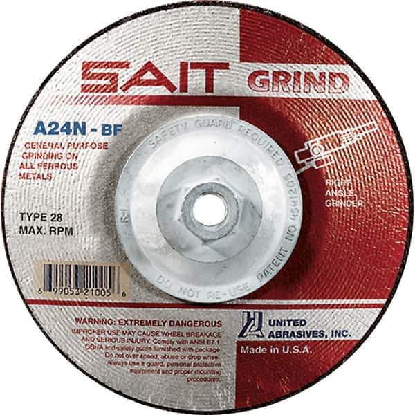 Sait - 24 Grit, 4-1/2" Wheel Diam, 1/4" Wheel Thickness, Type 28 Depressed Center Wheel - Aluminum Oxide, Resinoid Bond, N Hardness, 13,300 Max RPM, Compatible with Angle Grinder - Exact Industrial Supply