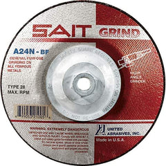 Sait - 24 Grit, 4-1/2" Wheel Diam, 1/4" Wheel Thickness, Type 28 Depressed Center Wheel - Aluminum Oxide, Resinoid Bond, N Hardness, 13,300 Max RPM, Compatible with Angle Grinder - Exact Industrial Supply