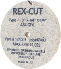 Rex Cut Product - 3" Diam x 1/4" Hole x 1/4" Thick, 54 Grit Surface Grinding Wheel - Aluminum Oxide, Type 1, Coarse Grade, 12,095 Max RPM, Rubber Bond, No Recess - Exact Industrial Supply