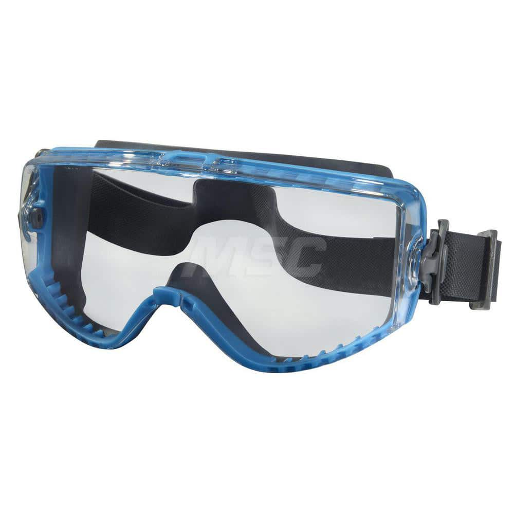 Safety Goggles: Chemical Splash Dust & Particulates, Anti-Fog, Clear Polycarbonate Lenses Indirect Vent, Blue Frame, Size Universal