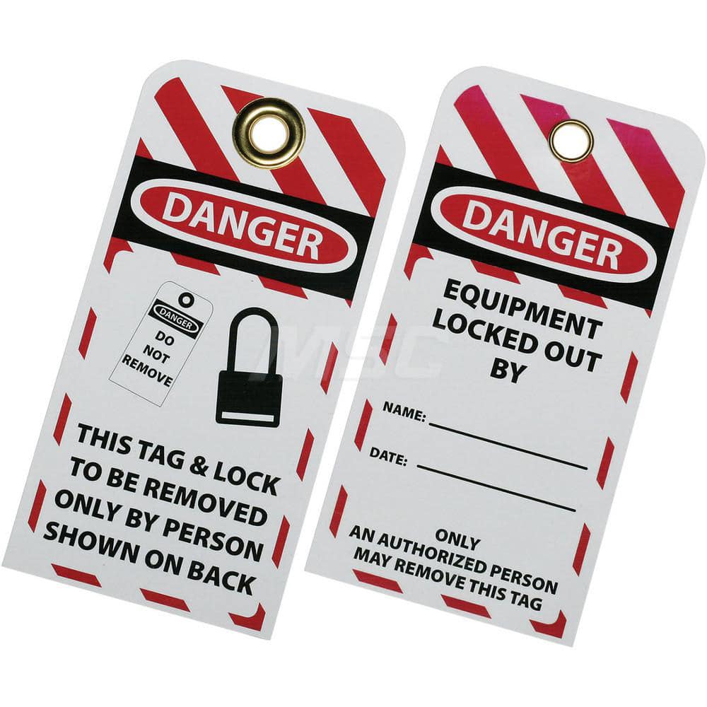 Ability One - Safety & Facility Tags; Message Type: Lockout Tag ; Header: DANGER ; Front Legend: THIS TAG & LOCK TO BE REMOVED ONLY BY PERSON SHOWN ON BACK ; Back Legend: EQUIPMENT LOCKED OUT BY _____ DATE ______ ; Material Type: Plastic ; Language: Engl - Exact Industrial Supply