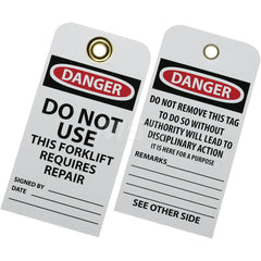 Ability One - Safety & Facility Tags; Message Type: Lockout Tag ; Header: DANGER ; Front Legend: Do Not Use This Forklift Requires Repair ; Back Legend: DO NOT REMOVE THIS TAG! TO DO SO WITHOUT AUTHORITY WILL MEAN DISCIPLINARY ACTION! IT IS HERE FOR A PU - Exact Industrial Supply