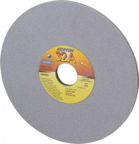 Norton - 8" Diam x 1-1/4" Hole x 1/4" Thick, L Hardness, 80 Grit Surface Grinding Wheel - Aluminum Oxide, Type 1, Medium Grade, 3,600 Max RPM, Vitrified Bond, No Recess - Exact Industrial Supply