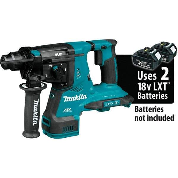 Makita - 36 Volt 1-1/8" SDS Plus Chuck Cordless Rotary Hammer - 5000 BPM, 0 to 980 RPM, Reversible - Exact Industrial Supply