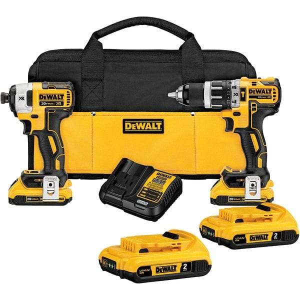 DeWALT - 20 Volt Cordless Tool Combination Kit - Includes 1/2" Brushless Hammer Drill & 1/4" 3-Speed Brushless Impact Driver, Lithium-Ion Battery Included - Exact Industrial Supply