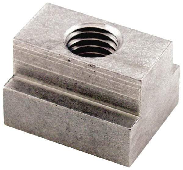 Jergens - 1/2-13 Tapped Through T Slot Nut - 5/8" Slot Width, 1 x 3/8" Base Width x Height, 1-1/4 x 3/4" Overall Length x Height - Exact Industrial Supply
