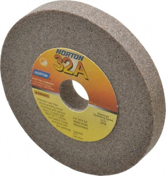 Norton - 80 Grit Aluminum Oxide Type 1 Internal Grinding Wheel - 4" Diam x 3/4" Hole x 1/2" Thick, 8,120 Max RPM, Type 1 Medium Grade, K Hardness, Vitrified Bond, No Recess - Exact Industrial Supply