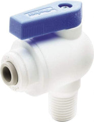 Parker - 3/8" Pipe, Full Port, Polypropylene Valve Male Elbow Ball Valve - Bi-Directional, MNPT x Push-to-Connect Ends, Wedge Handle, 150 WOG - Exact Industrial Supply