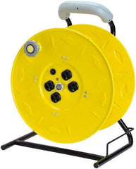 Value Collection - 12 AWG, 100' Cable Length, Cord & Cable Reel with Outlet End, No Cable - 4 Outlets, NEMA 5-15R, 15 Amps, 125 Volts, SO Cable, Yellow Reel, Hand Crank Reel - Exact Industrial Supply