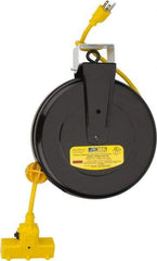 Value Collection - 14 AWG, 30' Cable Length, Cord & Cable Reel with Outlet End - 3 Outlets, NEMA 5-15R, 13 Amps, 125 Volts, SJT Cable, Black Reel - Exact Industrial Supply