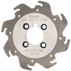 Iscar - Arbor Hole Connection, 0.118" Cutting Width, 1.04" Depth of Cut, 3-15/16" Cutter Diam, 1" Hole Diam, 8 Tooth Indexable Slotting Cutter - TGSF Toolholder, TAG N3 Insert, Right Hand Cutting Direction - Exact Industrial Supply