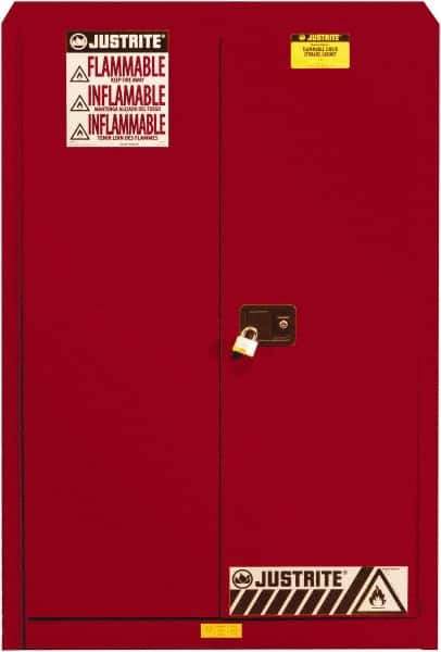 Justrite - 2 Door, 5 Shelf, Red Steel Standard Safety Cabinet for Flammable and Combustible Liquids - 65" High x 43" Wide x 18" Deep, Self Closing Door, 3 Point Key Lock, 60 Gal Capacity - Exact Industrial Supply