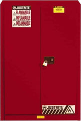 Justrite - 2 Door, 5 Shelf, Red Steel Standard Safety Cabinet for Flammable and Combustible Liquids - 65" High x 43" Wide x 18" Deep, Self Closing Door, 3 Point Key Lock, 60 Gal Capacity - Exact Industrial Supply