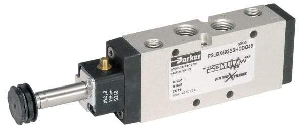 Parker - 1/8" NPT Port, Single Solenoid, 2 Position Valveless Coil, Aluminum Solenoid Valve - Normally Open Through Ports 1 & 2, 232 Max PSI, Buna-N Seal - Exact Industrial Supply