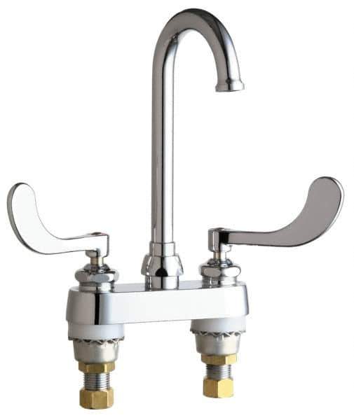 Chicago Faucets - Wrist Blade Handle, Deck Mounted Bathroom Faucet - Two Handle, No Drain, Gooseneck Spout - Exact Industrial Supply