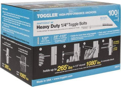 Toggler - 1/4" Screw, 6-1/4" Long, 3/8 to 3-5/8" Thick, Toggle Bolt Drywall & Hollow Wall Anchor - 1/4 - 20" Thread, 1/2" Drill, Zinc Plated, Steel, Grade 1010, Use in Drywall - Exact Industrial Supply