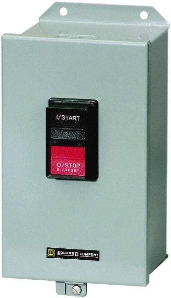 Square D - 3 Poles, 27 Amp, M-1 NEMA, Enclosed Pushbutton Manual Motor Starter - 10 hp at 380 to 575 VAC & 7-1/2 hp at 200 to 230 VAC, CSA, NEMA 12 & UL Listed - Exact Industrial Supply