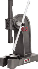 Jet - 1/2" Ram, 7-7/8" Throat Depth, 2 Ton Manual Arbor Press - 7-7/8" Max Work Height x 11-3/8" Max Work Width, Single Leverage, 6-3/8" Base Width x 17" Base Depth - Exact Industrial Supply