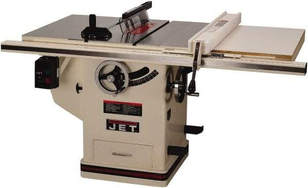 Jet - 10" Blade Diam, 5/8" Arbor Diam, 1 Phase Table Saw - 5 hp, 65" Wide x 36" Deep x 38" High, 230 Volt, 3" Cutting Depth - Exact Industrial Supply