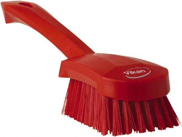 Vikan - 1.3" Bristle Length, Polyester Scrub Brush - 4-1/4" Long x 2-3/4" Wide Head, 10" OAL, Red, Polypropylene Block - Exact Industrial Supply