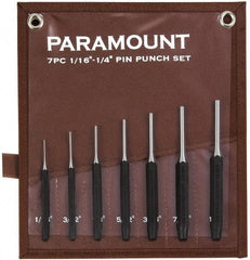 Paramount - 7 Piece, 1/16 to 1/4", Pin Punch Set - Hexagon Shank, Comes in Canvas Roll - Exact Industrial Supply