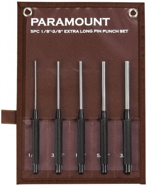 Paramount - 5 Piece, 1/8 to 3/8", Pin Punch Set - Round Shank, Steel, Comes in Canvas Roll - Exact Industrial Supply