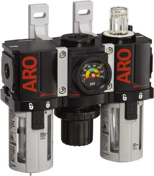 ARO/Ingersoll-Rand - 1/4" NPT Port Miniature 3 Piece Filter-Regulator-Lubricator FRL Unit - Polycarbonate Bowl, 46 SCFM, 150 Max psi, 5" High x 4.724" Long, Manual Drain - Exact Industrial Supply