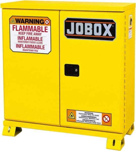Jobox - 2 Door, 1 Shelf, Yellow Steel Standard Safety Cabinet for Flammable and Combustible Liquids - 49" High x 46-3/32" Wide x 19-5/8" Deep, Manual Closing Door, 30 Gal Capacity - Exact Industrial Supply
