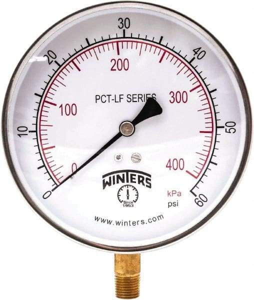 Winters - 4-1/2" Dial, 1/4 Thread, 0-60 Scale Range, Pressure Gauge - Lower Connection Mount, Accurate to 0.01% of Scale - Exact Industrial Supply